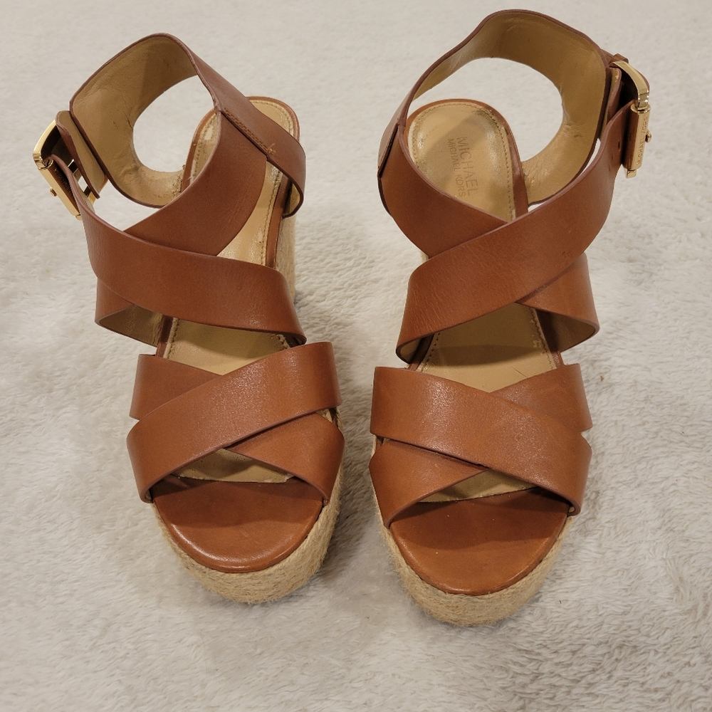 Michael Kors Leather Wedge Sandals with Ankle Strap